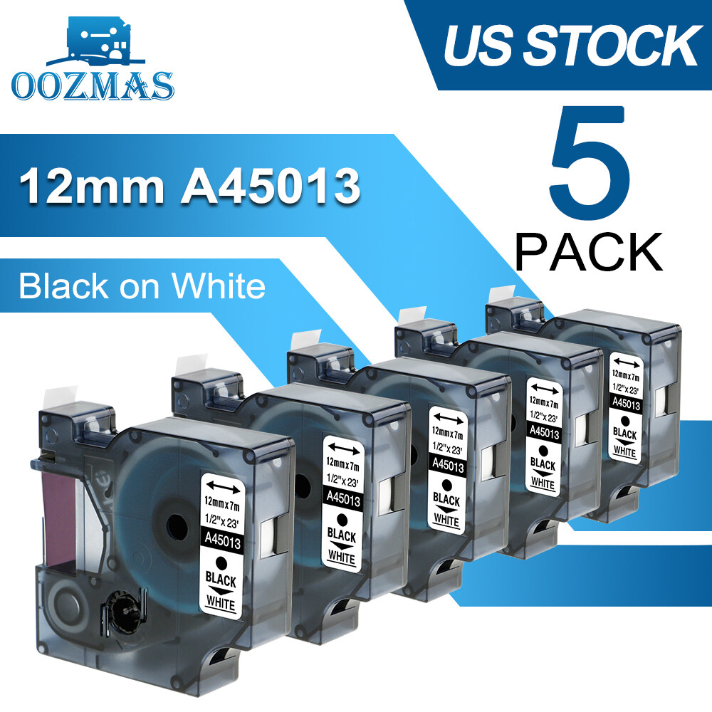 5PK For Dymo D1 Label Tape 12mm Black on White 45013 S0720530 Cassette 1/2