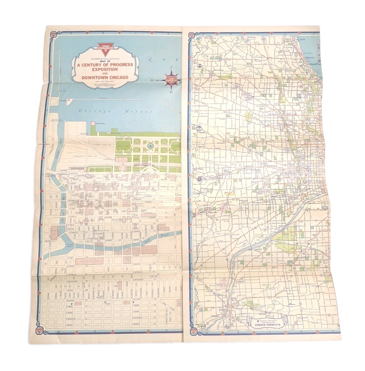 1933 Conoco Travel Bureau Road Map of Illinois Gas Chicago Oil Worlds Fair