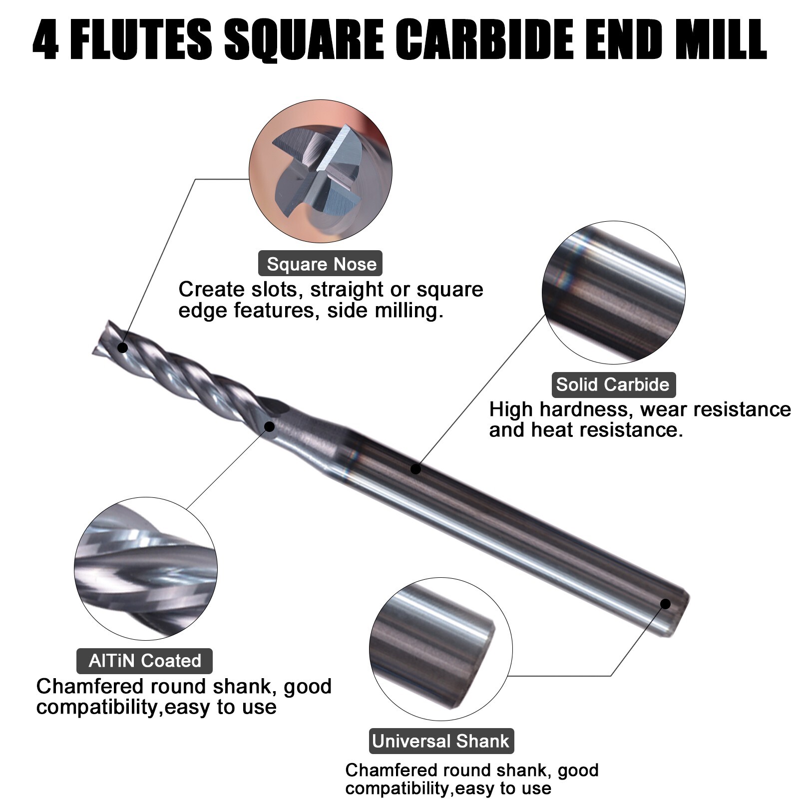 5 PCS 5/32" 4 Flute 2" Overall Length Solid Carbide End Mill AlTiN Coated