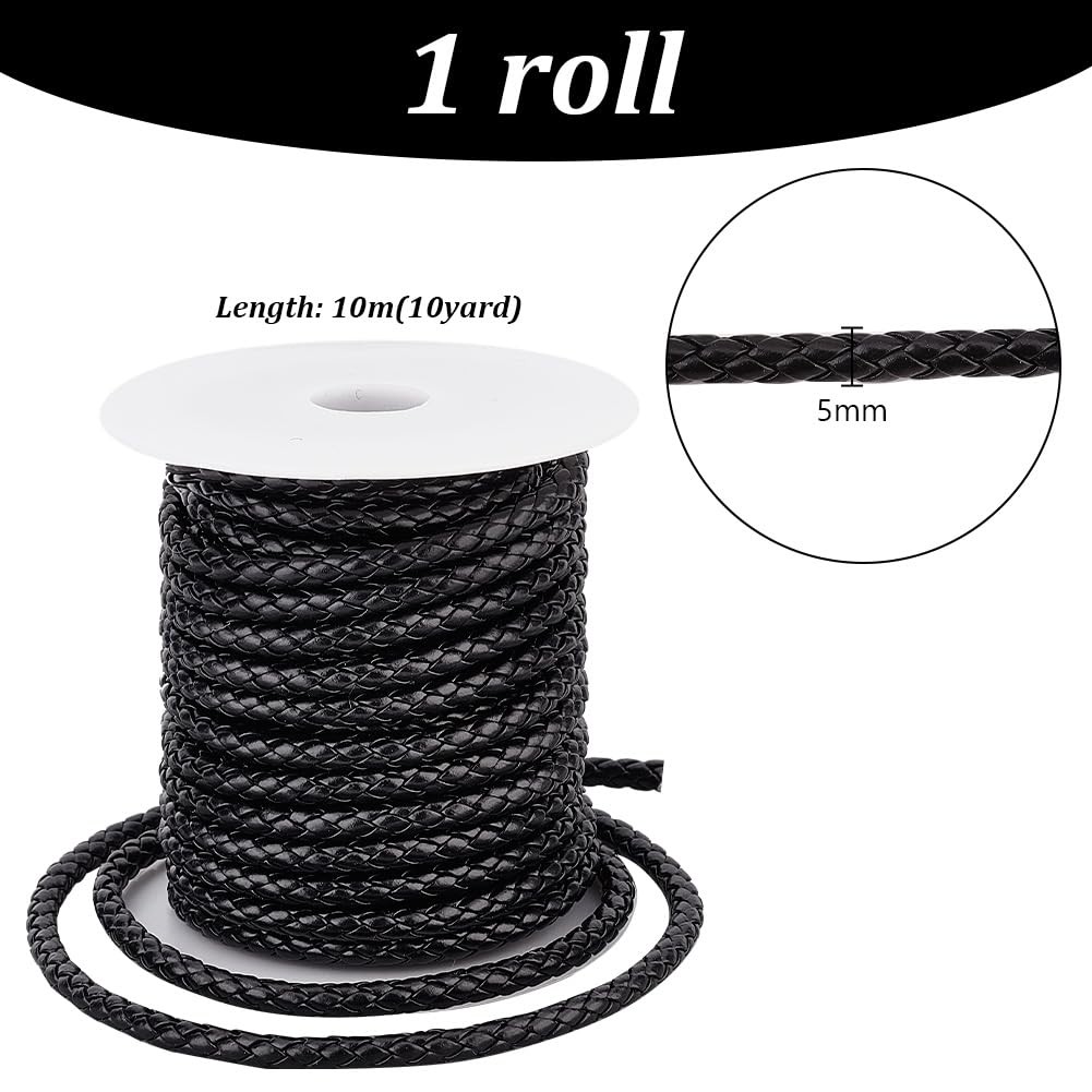 PH PandaHall 10.9 Yards Braided Leather Cord 5mm Round PU Strap Black
