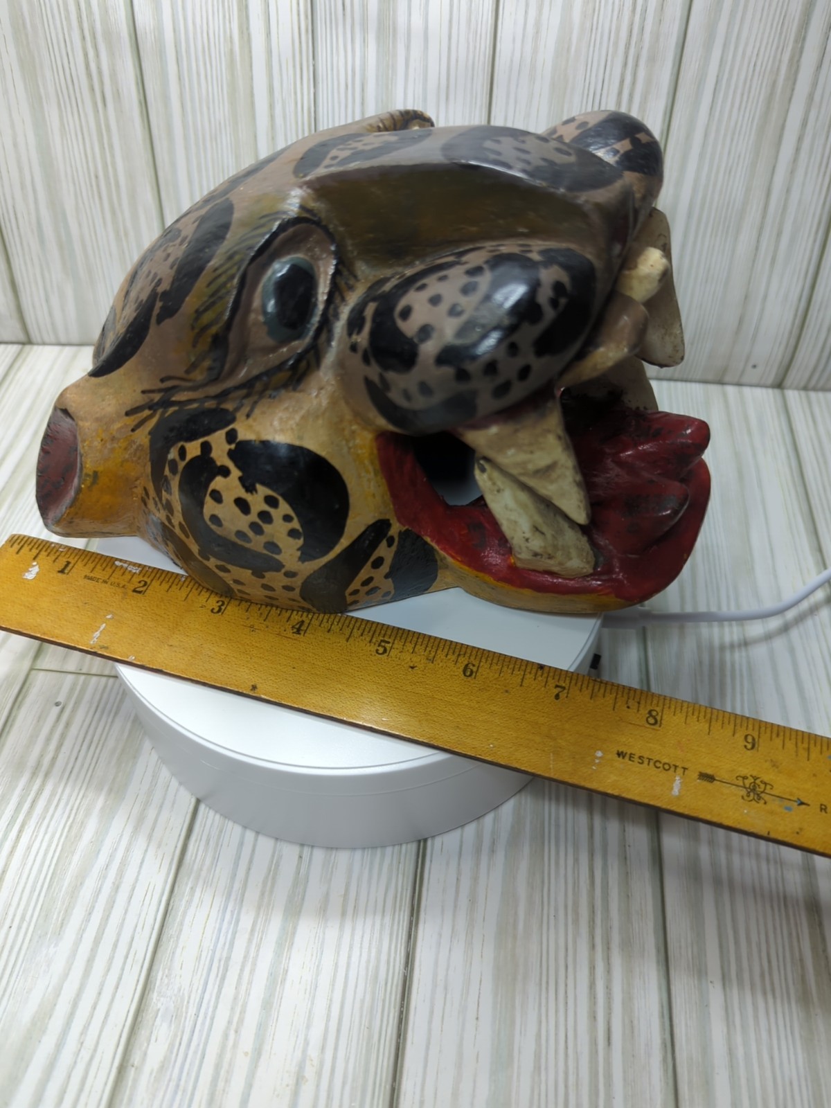 Mexican Nahua Folk Art Guerrero Carved Wood Cat Jaguar Animal Head