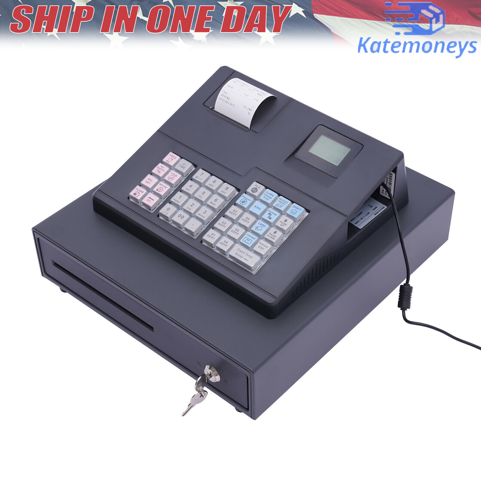 38 Keys Electronic Cash Register Black Thermal Cash Register with Cash Drawer