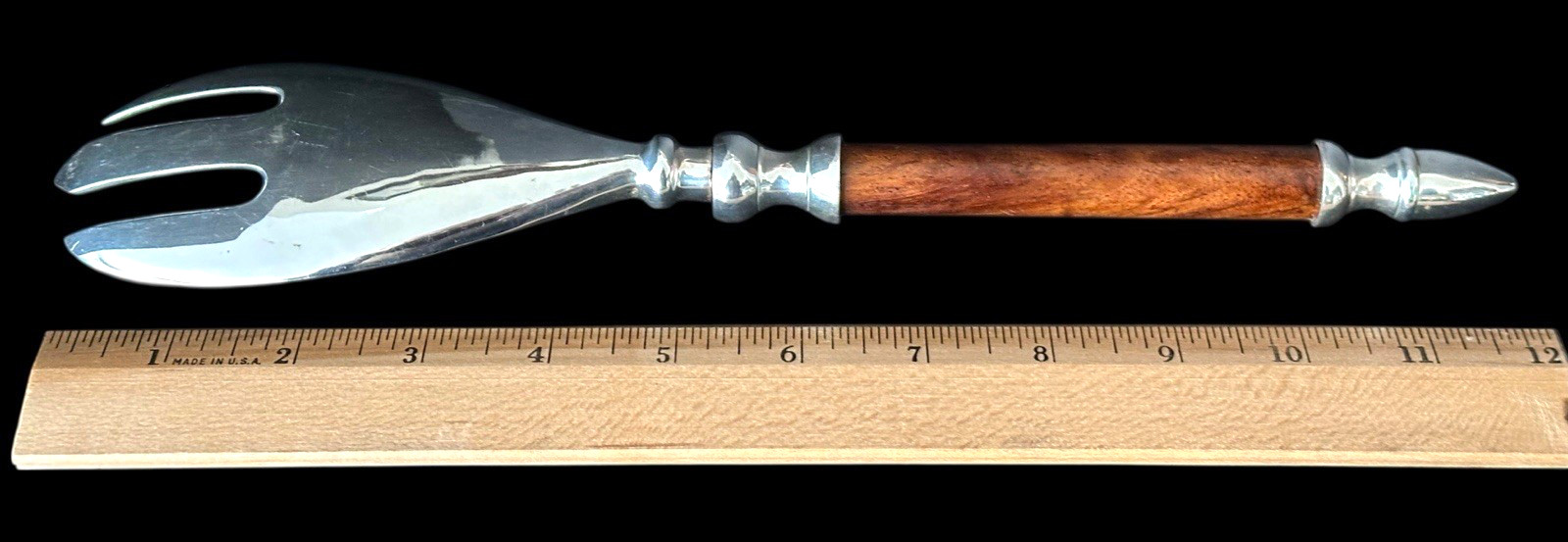 Large Silver-plated Serving Fork with Wooden Handle and Silver Finial Vintage