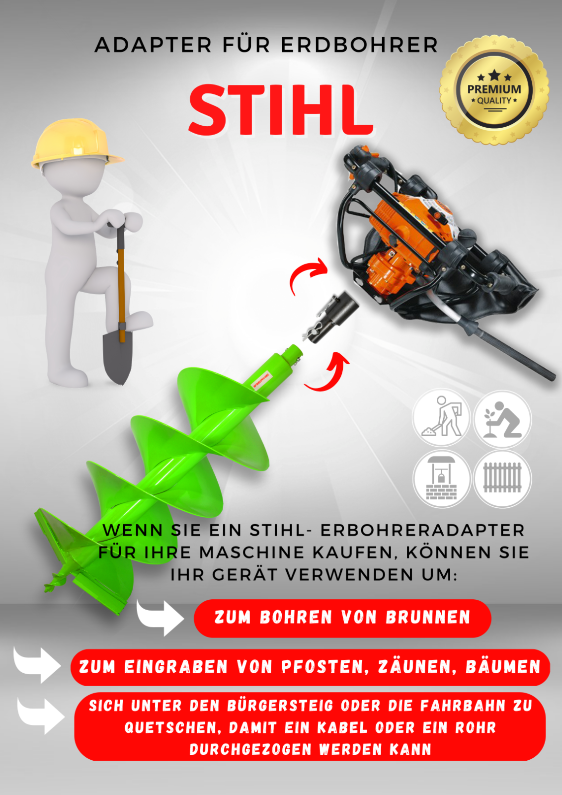 Adapter STIHL BT106C BT20C BT120 BT130 BT131 Erdbohrer Pfahlbohrer Bohrer