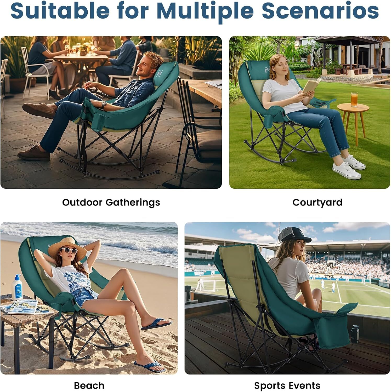 H&ZT Oversized Rocking Camping Chair Padded Folding Lawn Chair with Cooler Bag