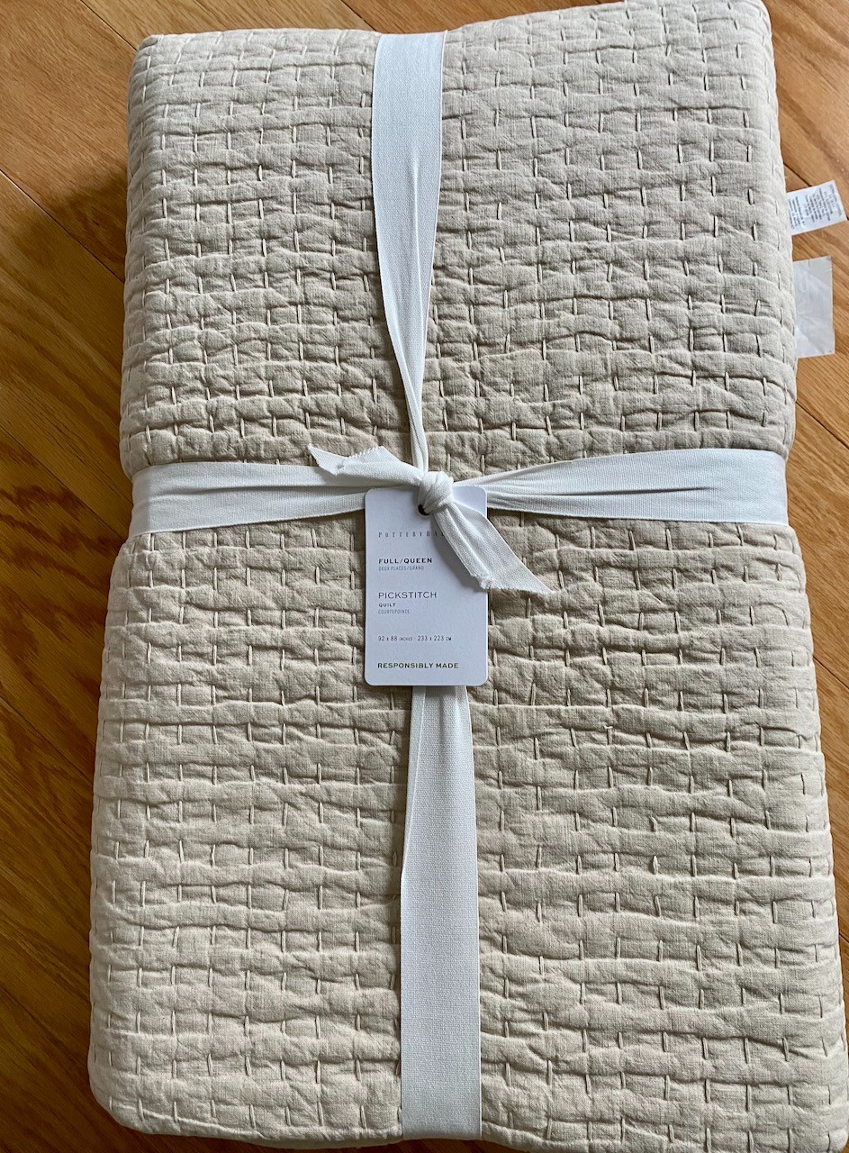 Pottery Barn FLAX Pick Stitch Handcrafted Cotton Linen Quilt Full / Queen Sz NEW