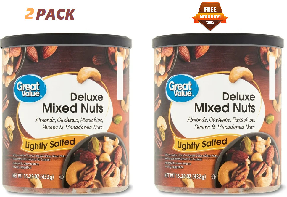 Great Value Lightly Salted, Deluxe Mixed Nuts, 15.25 oz 2 PACK