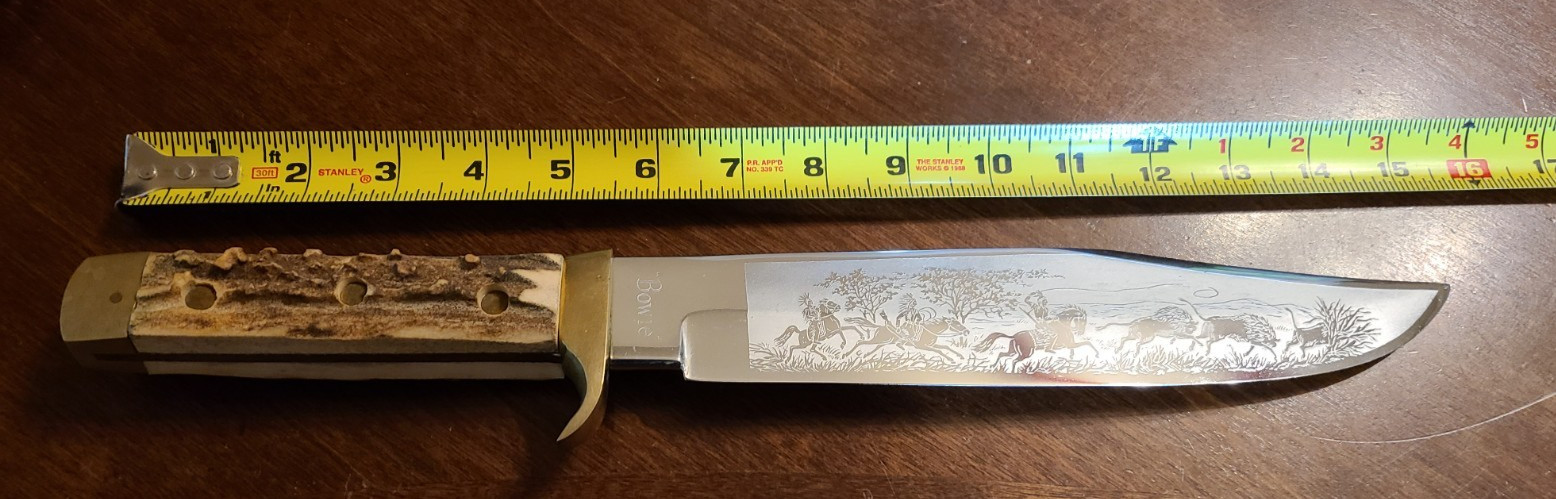 Large About 1 1/2 Pound Stag Bowie Indian Hunting Buffalo Scene Germany Chrome