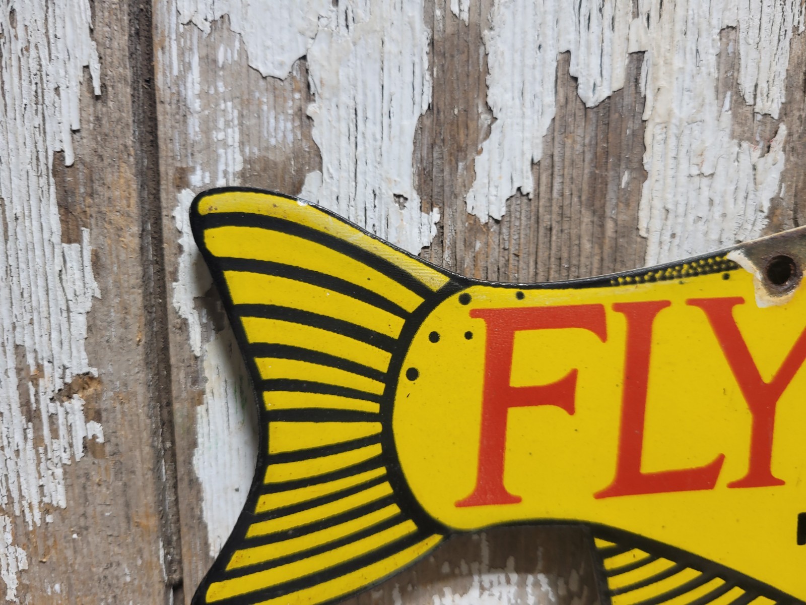 VINTAGE FISH PORCELAIN SIGN OLD FLY SHOP FARLOWS TACKLE KETCHIKAN ALASKA SALMON