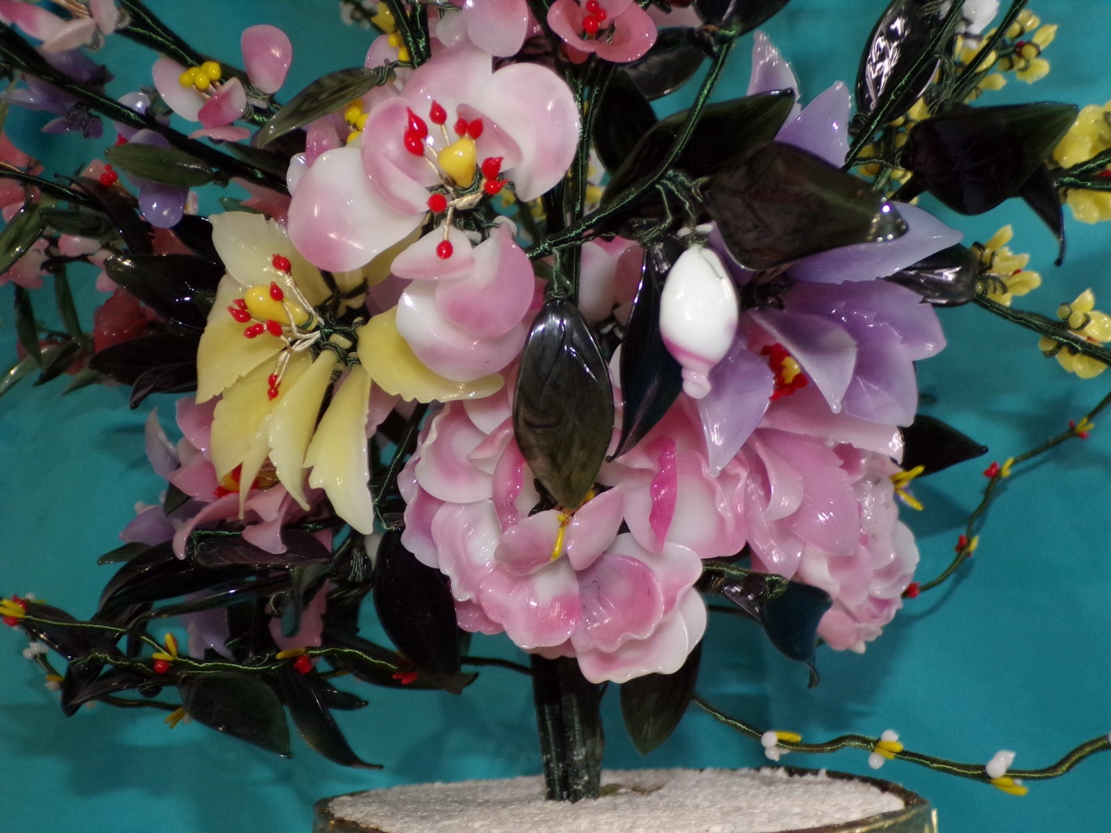 Large Jade Quartz Stone Glass Flower Bonsai Tree Vintage 20H x 30W Centerpiece