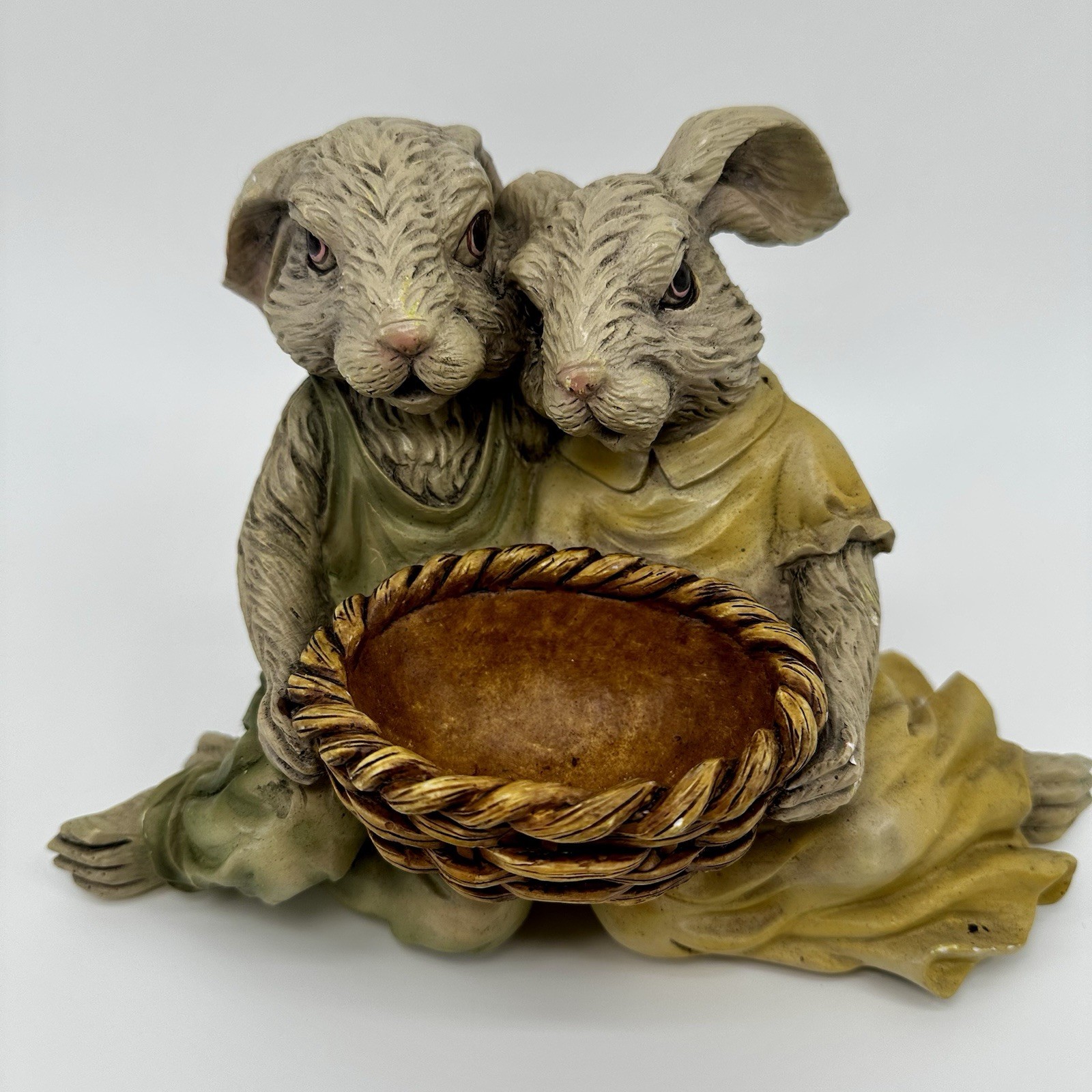 Chrisdon Rabbit Couple Holding Basket Figurine Resin Statue Vintage Easter Decor