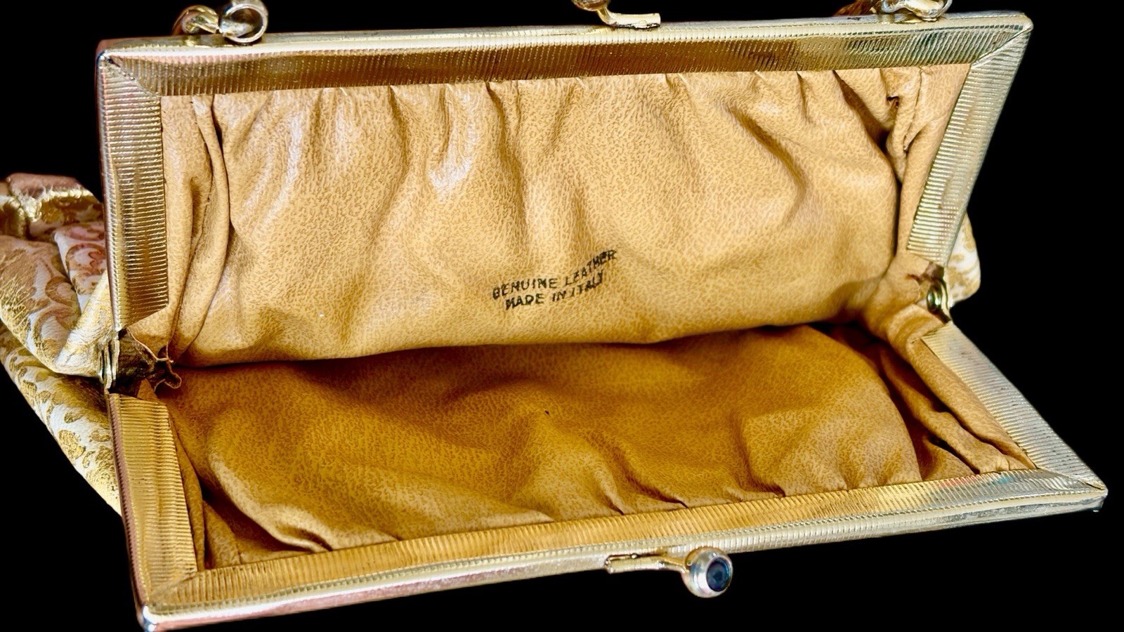 VTG Italian Leather Brocade Purse W/Purple Cab Kiss Lock Clasp~Wedding Glam~1950