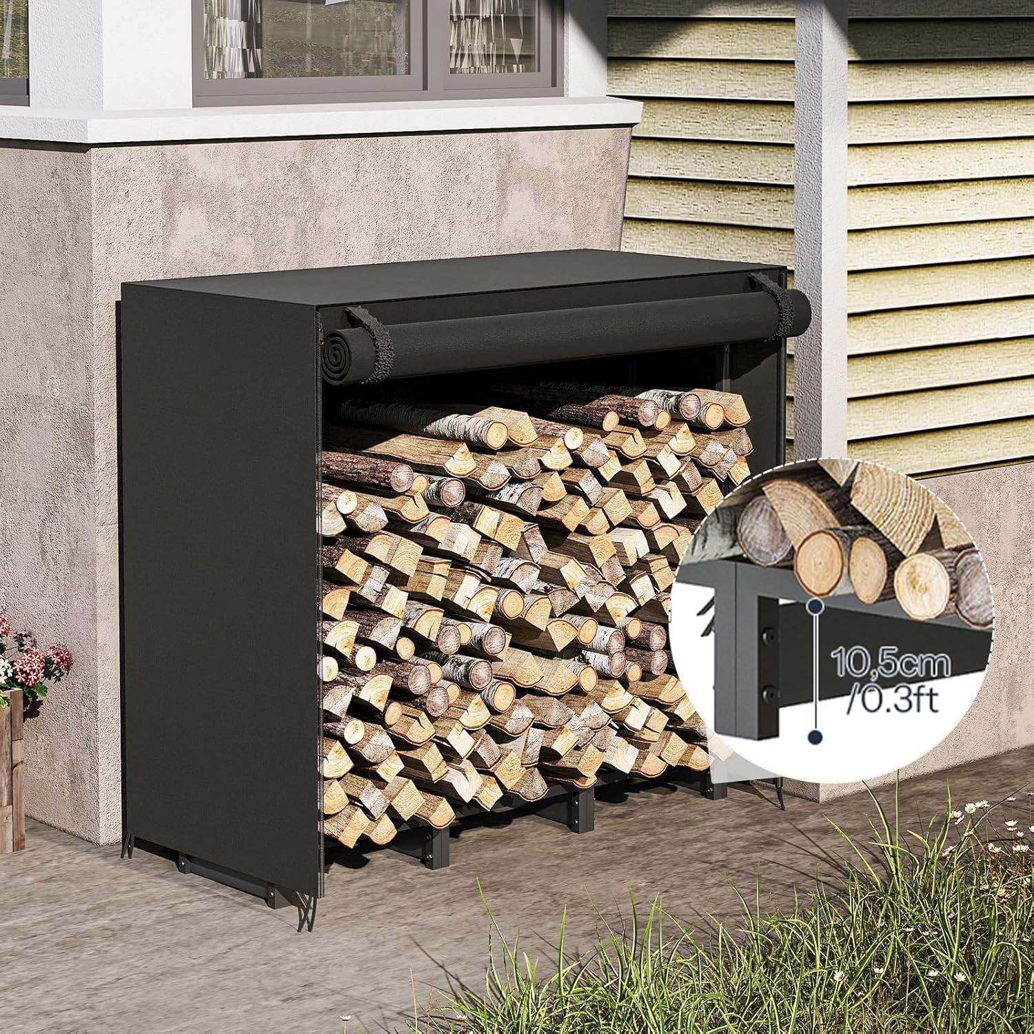 4FT Firewood Rack with Cover Outdoor Firewood Log Rack Adjustable Log Holder