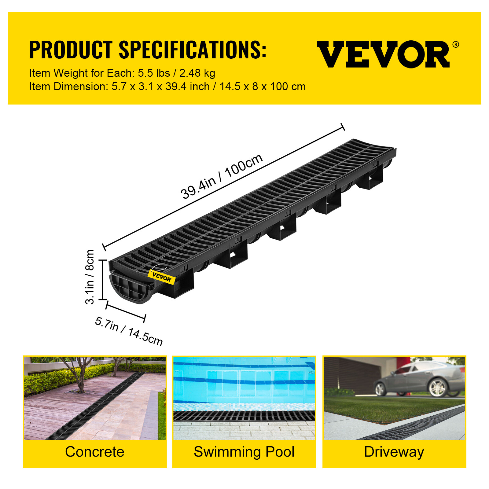 VEVOR Drainage Trench Driveway Channel Drain Kit Plastic Grate-5.8"x3.1"-5 Pack