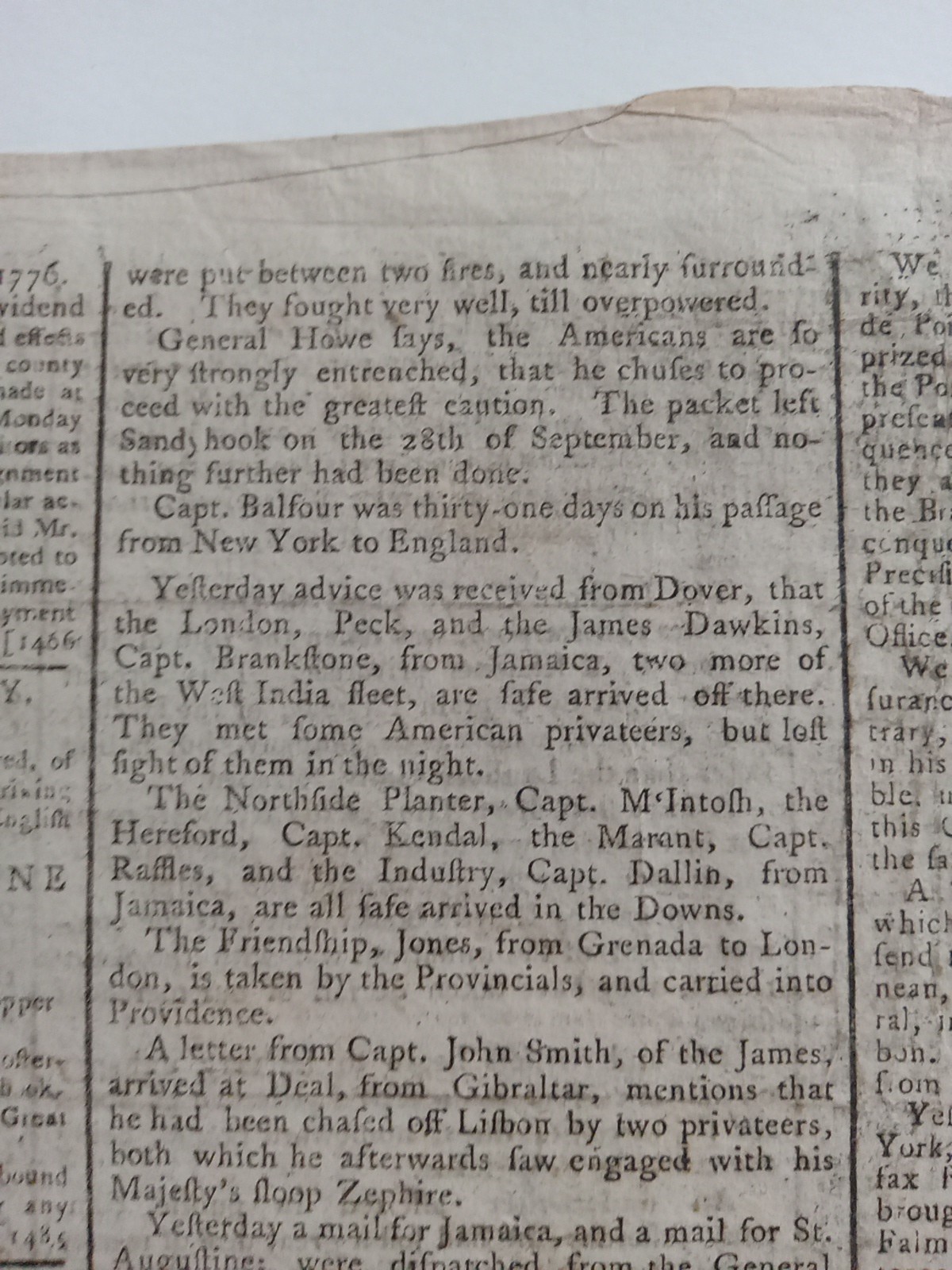 Original 1776 British Newspaper - American Revolutionary War - Colonies