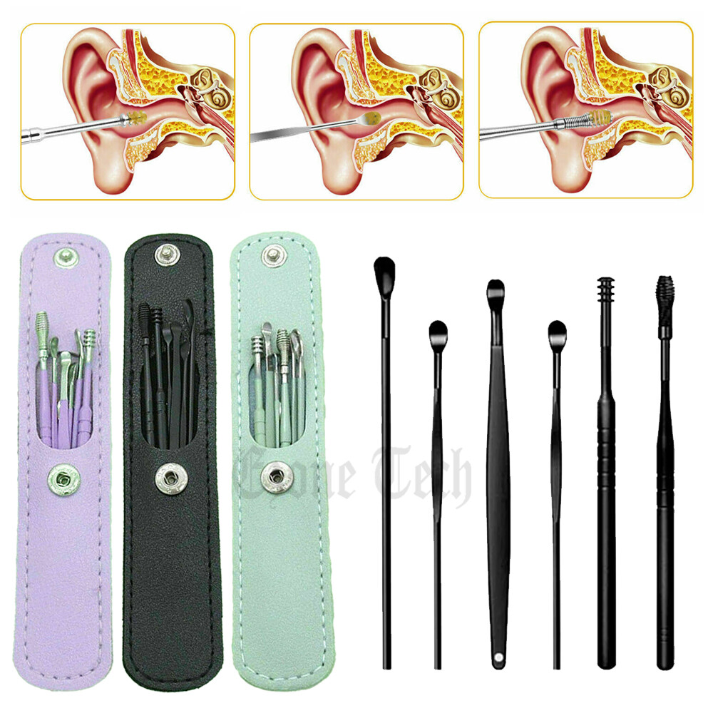 6Pcs Ear Pick Cleaning Set Spiral Tool Spoon Ear Wax Remover Cleaner Curette Kit