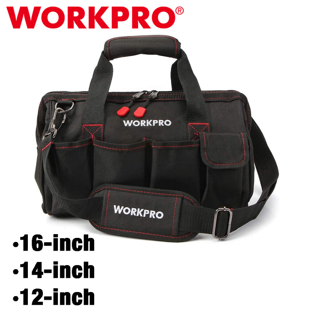 WORKPRO 16"/14"/12" Wide Mouth Tool Bag Black Tool Storage Tote with Rubber Base