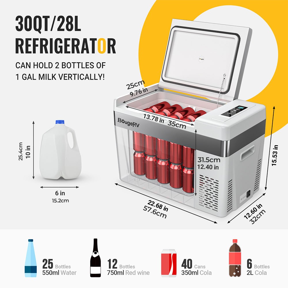 BougeRV 30QT (28L) Car Refrigerator Compressor Cooling 12/24V DC 110-240V AC