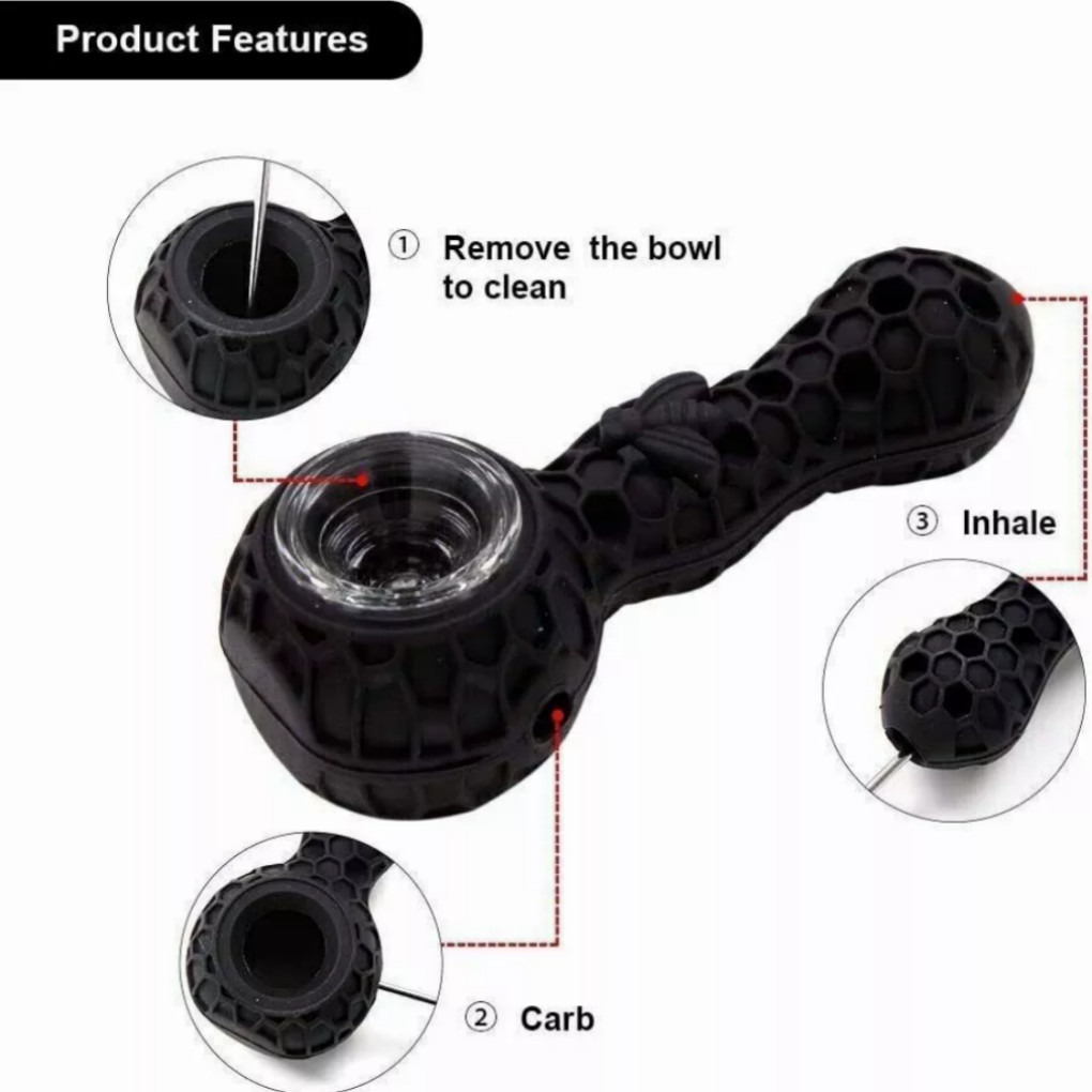 2 Pcs (Blue+Black) SILICONE PIPE 4.3" W/ GLASS BOWL -HoneyComb Bee