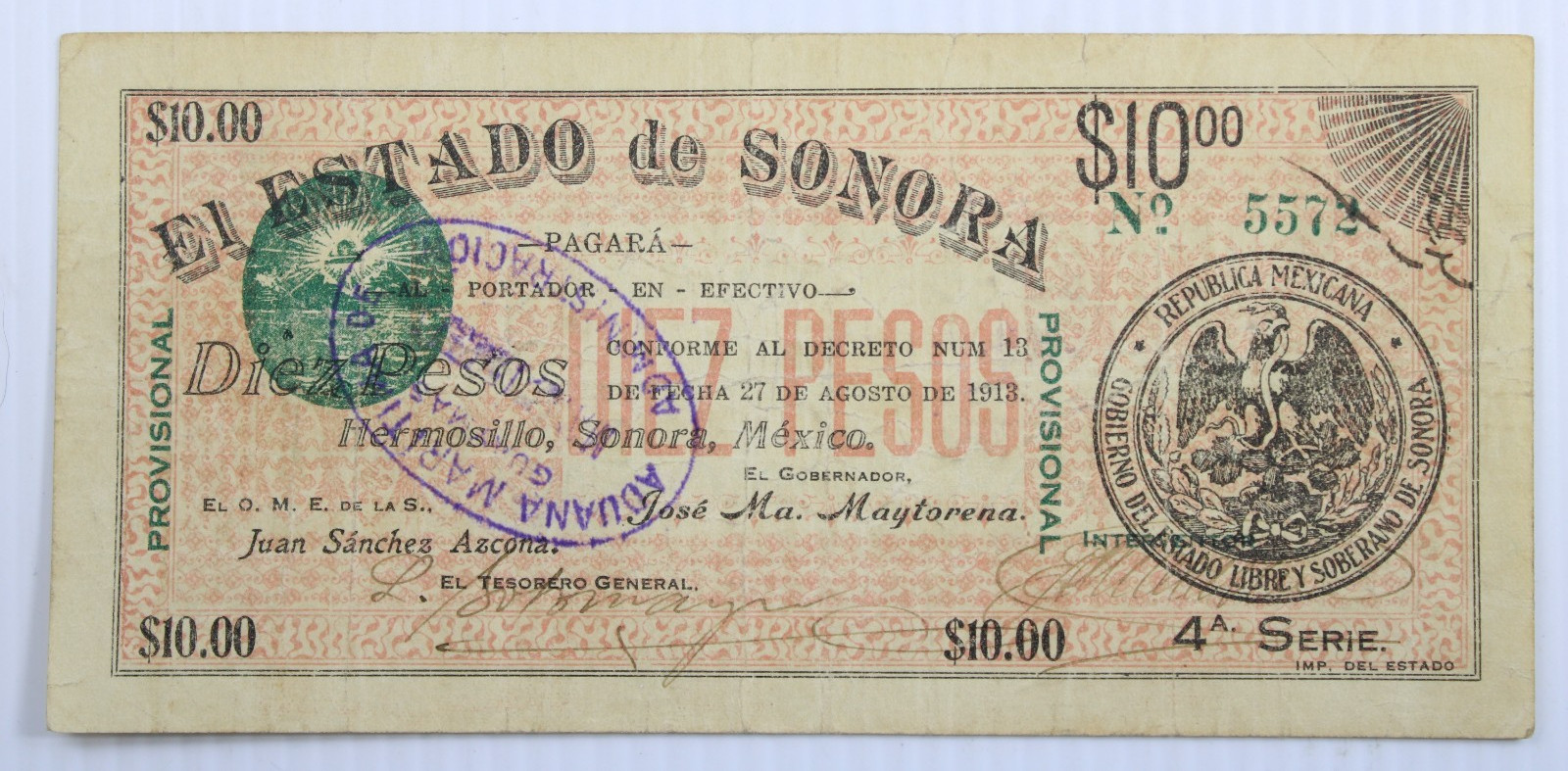 1913 10 PESOS EL ESTADO DE SONORA MEXICO NOTE #481