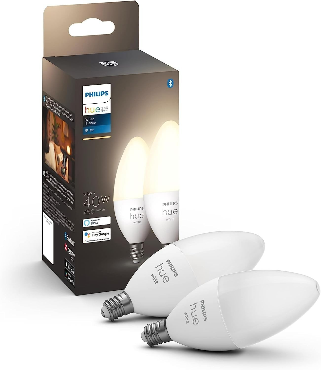 Philips Hue E12 40W White Light Bulb, 548289 - 2 Pack