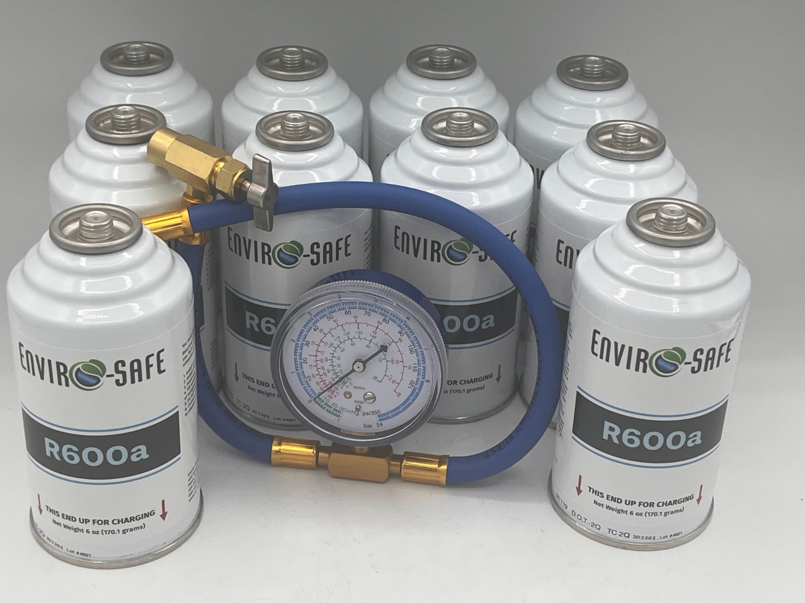 Enviro-Safe R-600a Refrigerant Inverted Piercing 6 oz 10 Cans and Brass Gauge