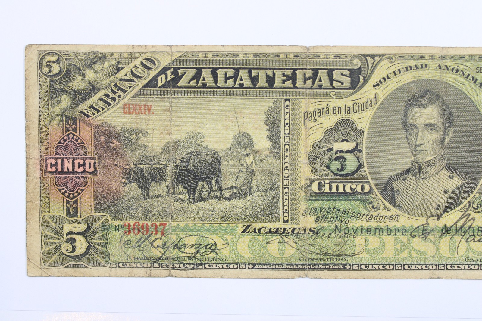 Mexico 5 Pesos, 1908 P-S475d Series L Zacatecas #0427