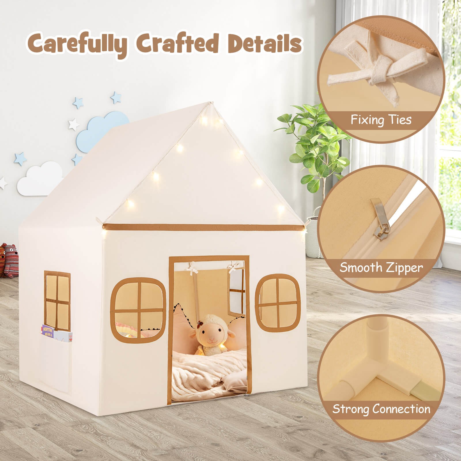 Kids Play Tent with Padded Mat, Star Lights, Side Storage Bags, Door & Windows