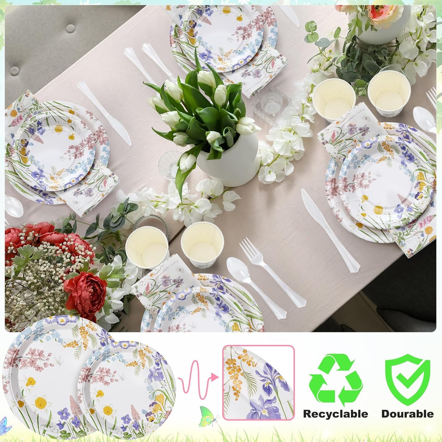 350 Pcs Floral Tableware for Birthday & Baby Shower Party 50 Guests