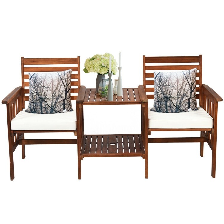 3PCS Outdoor Patio Cushion Furniture Acacia Wood Chair Coffee Table Set Backyard