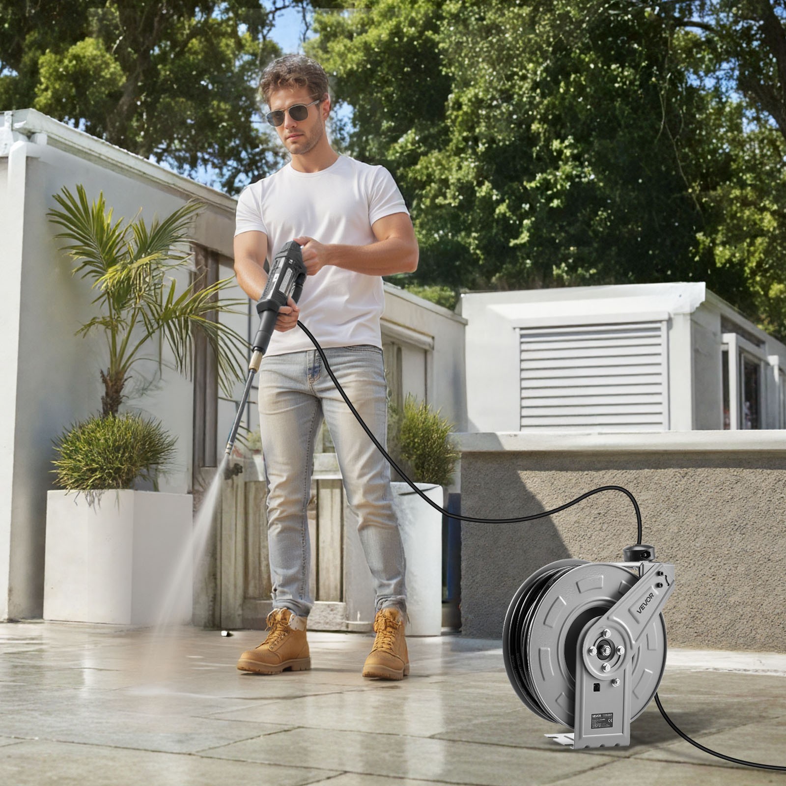 VEVOR Pressure Washer Hose Reel 65ft x 1/4in Retractable 3200PSI Auto-Rewinding
