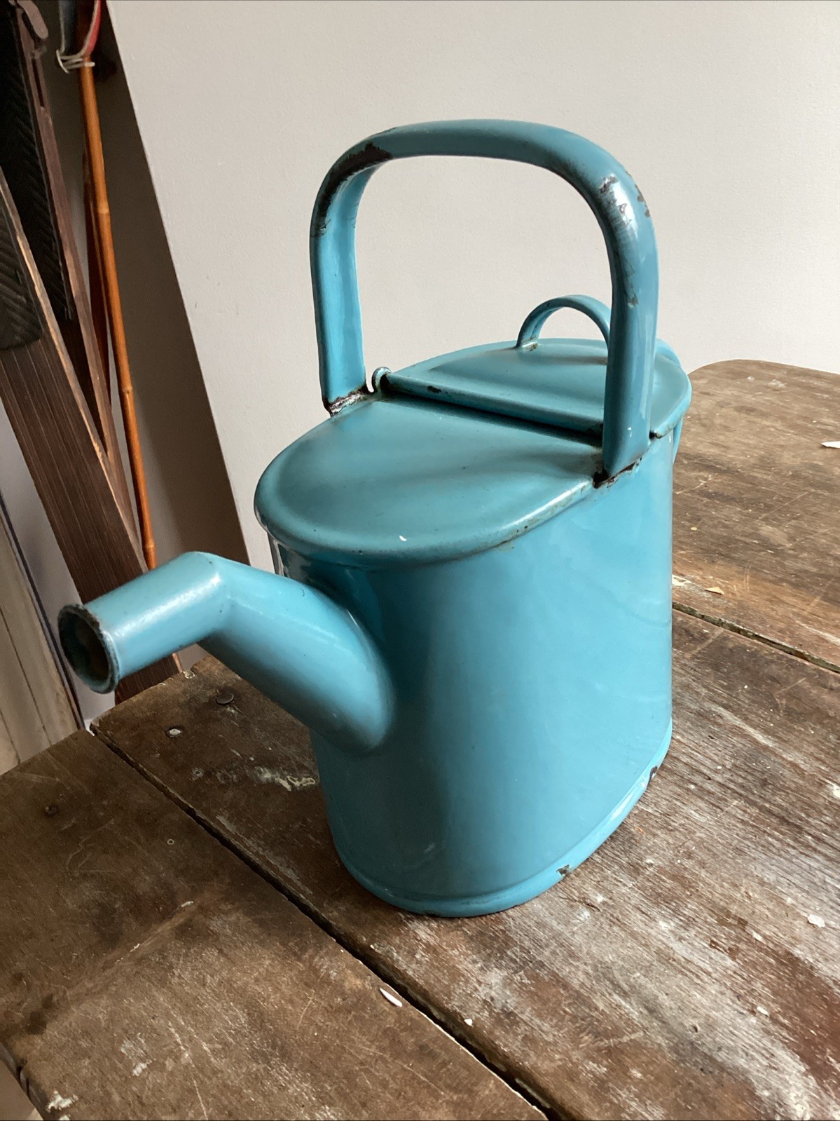 Antique Light Blue Enamel Ware Watering Can c1900 European Vintage