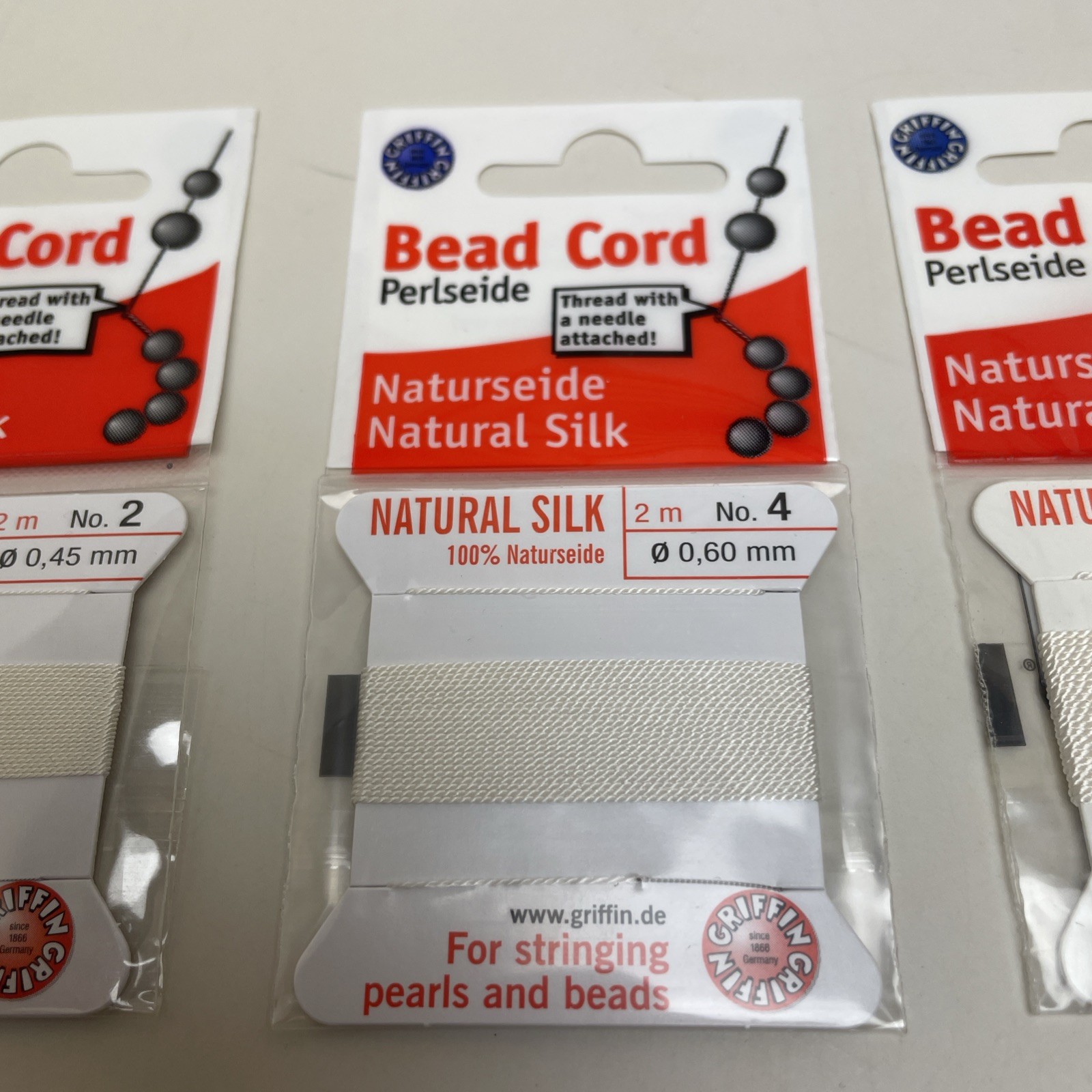 Griffin Natural Silk Bead Cord Thread Sampler Set, Size #2, #4, & #6, White