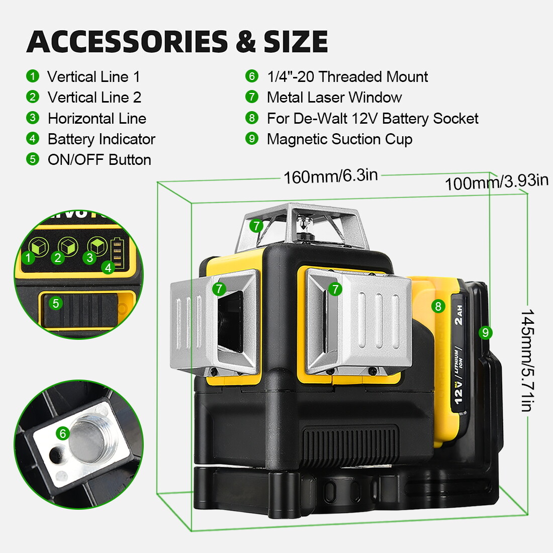 Laser Level for Dewalt 12V 3 Sides*360° Vertical 12 Lines Horizontal Green Light