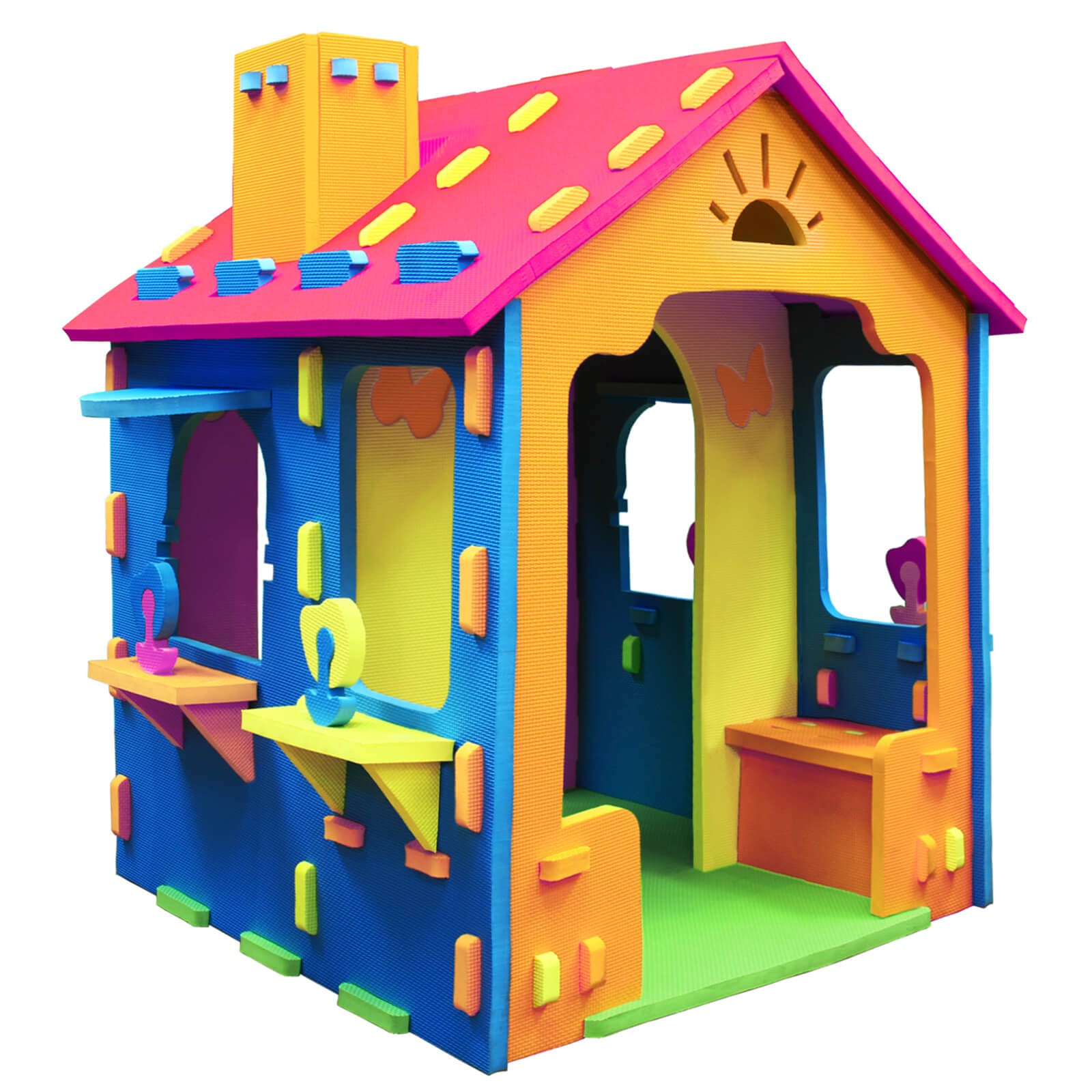 Kids EVA Foam Playhouse w/Roof, Chimney, Windows & Doorways for Creative Play