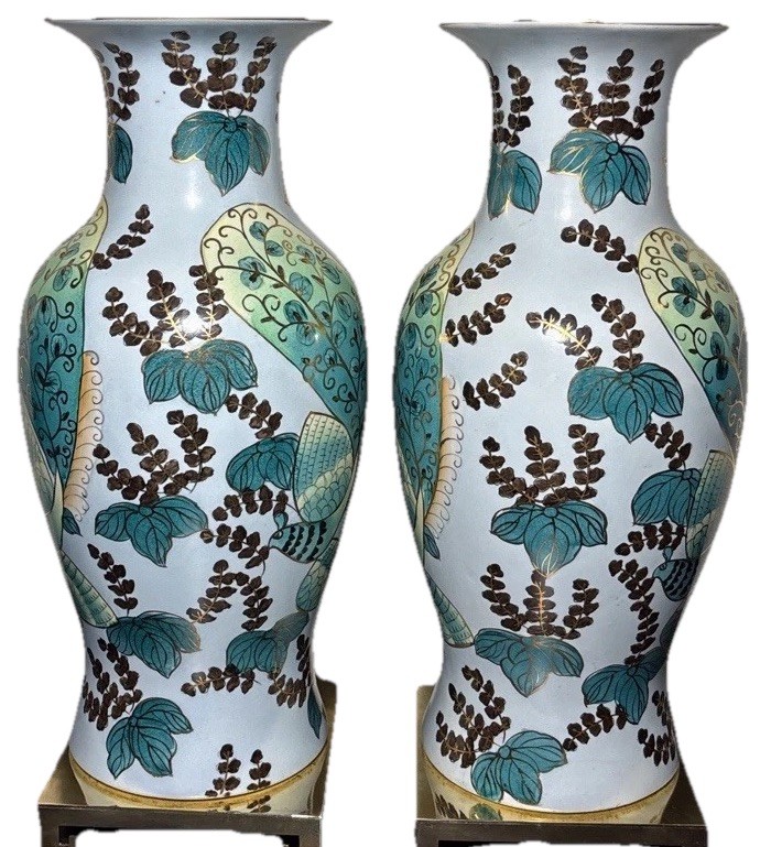Beautiful Pair of Large Chinese Jingdezhen Porcelain Vases on Brass Stands 16”