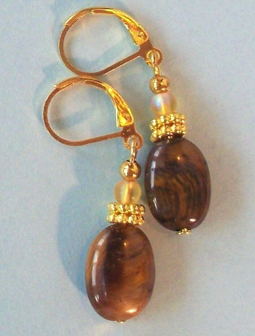 TIGER EYE oval frosted Crystal earring GP handcrafted LEVERBACK XX