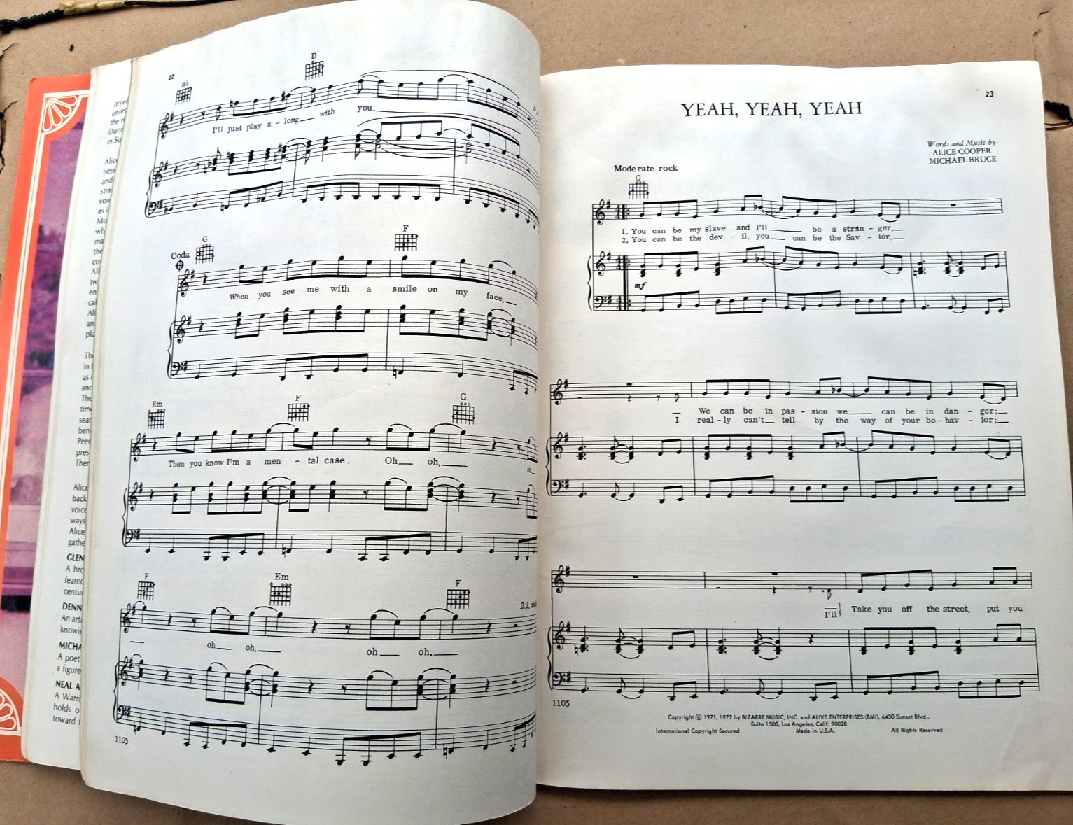 Vintage Alice Cooper Songbook Schools Out Eighteen Bizarre Music Corp 1972