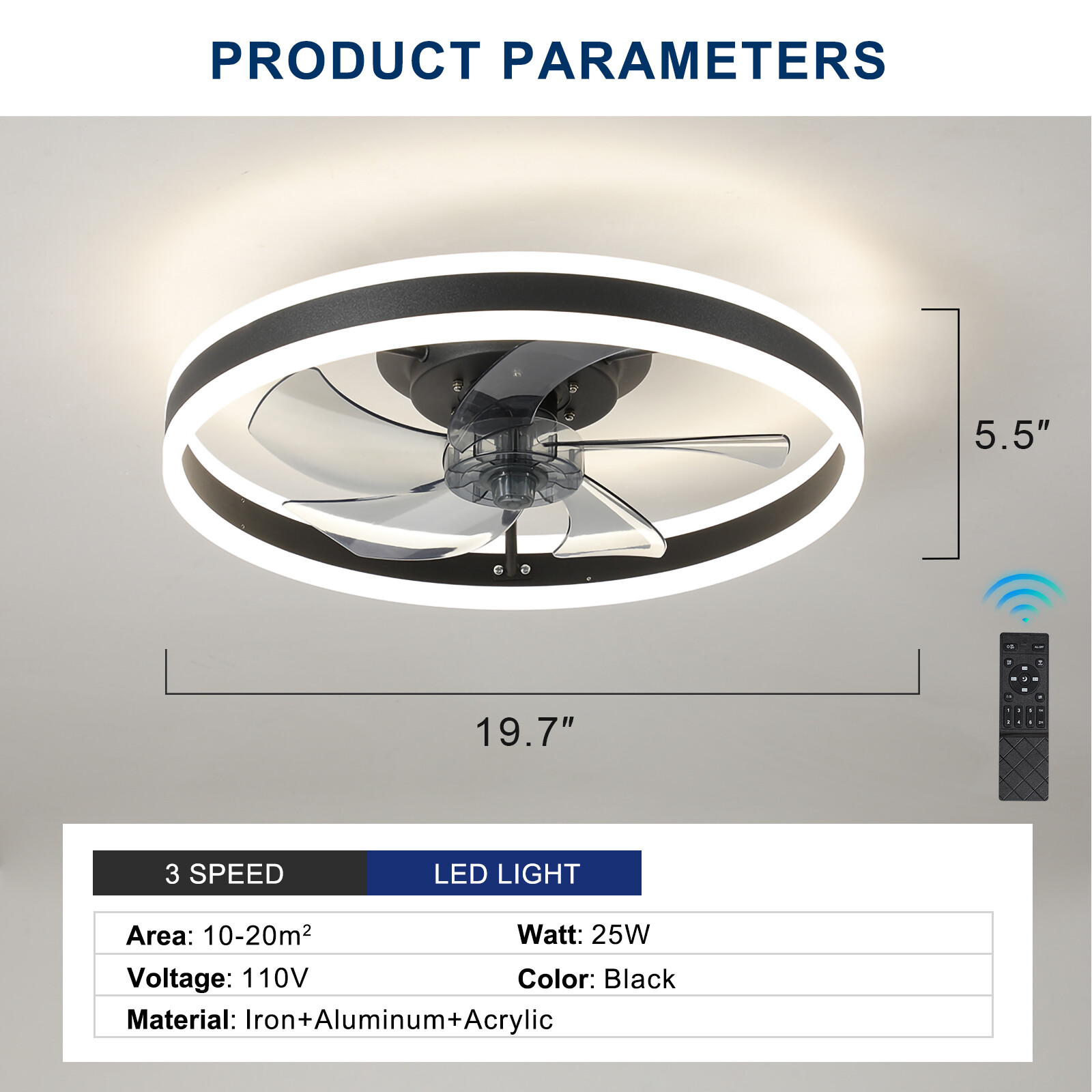 20" Modern LED Ceiling Fan Lights Flush Mount Light kit With APP Remote Control