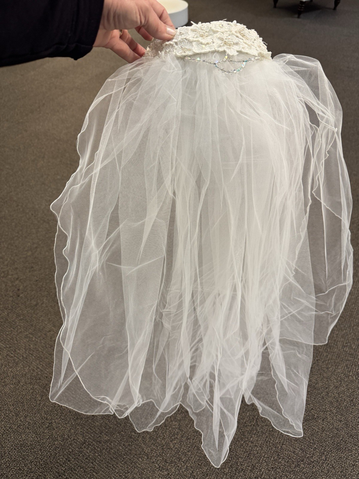 Vintage Bridal Veil And Lace Cap With Beading 1970’s