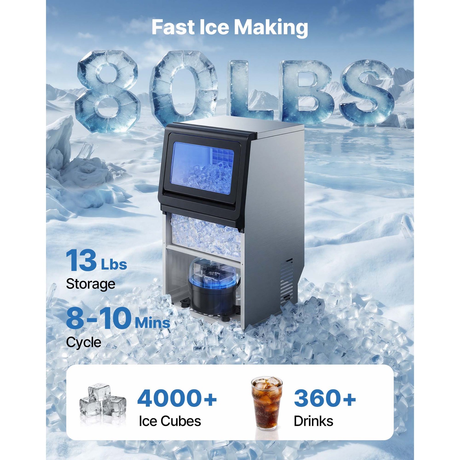 Uimoso Commercial Ice Maker 80 lbs/24h with 13lbs Storage for Bar and Restaurant