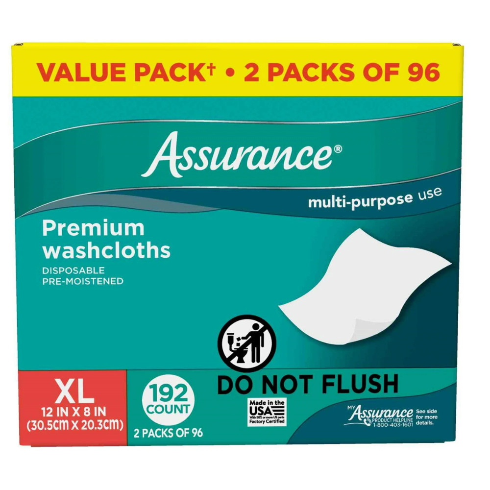 New Assurance Premium Disposable Washcloths Pre-Moistened Body Wipes, XL, 192 Ct