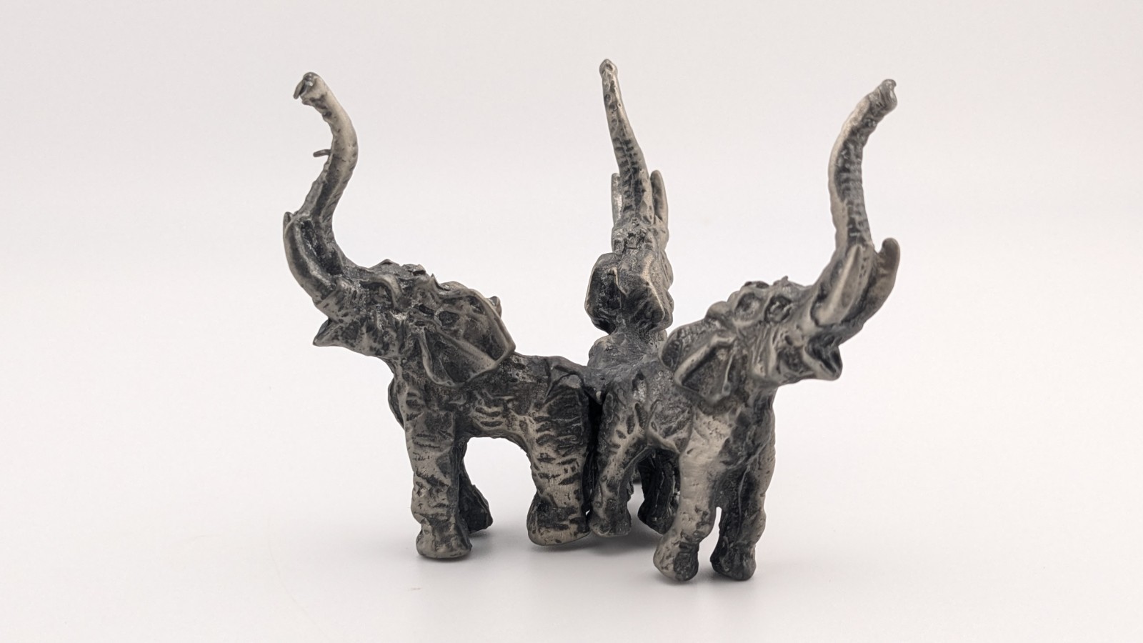 Vintage Metal Elephant Statue Figurine Three Elephants Trunk Raised Up Good Luck