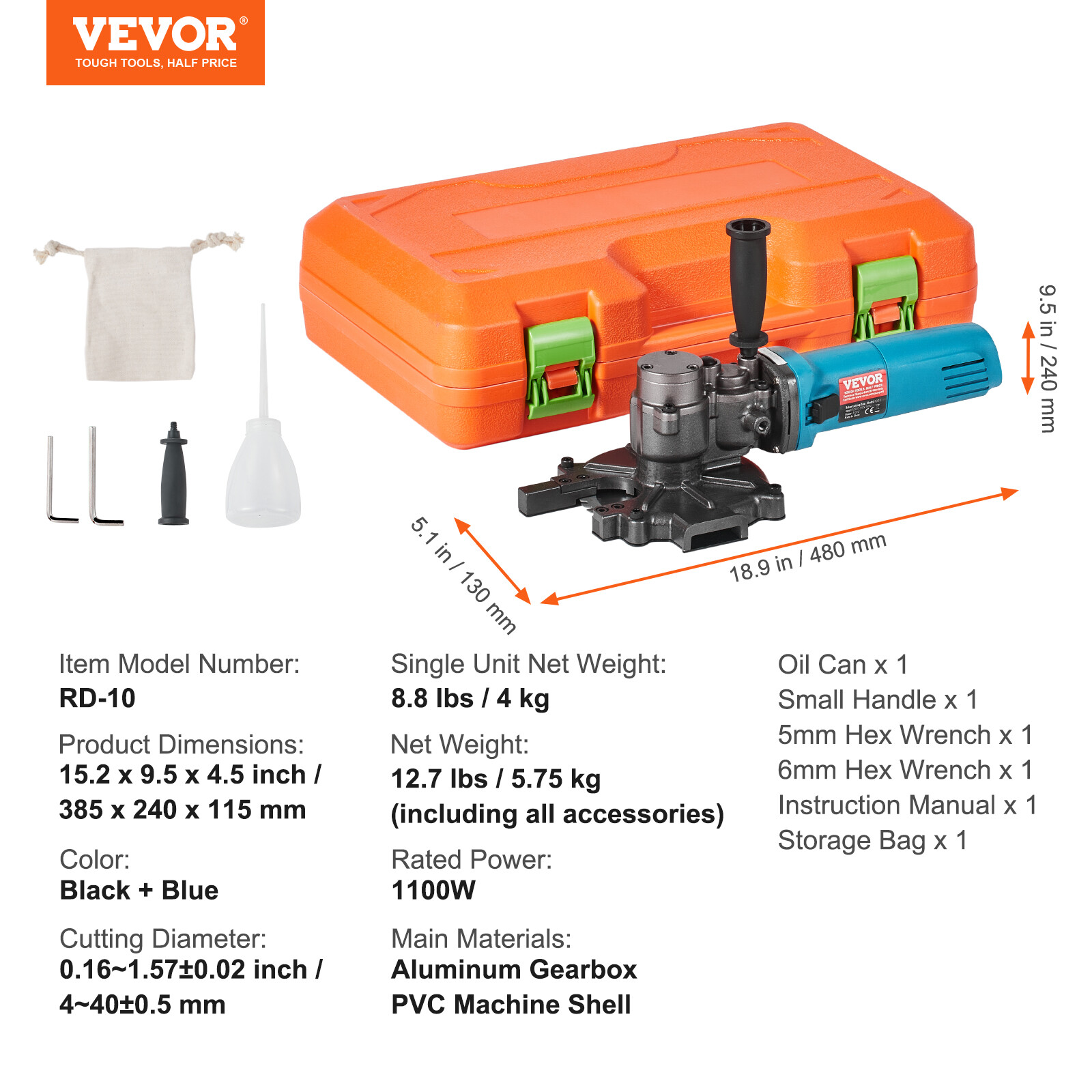 VEVOR 1100W Electric Rebar Cutter Cutting up to 3/2In 4-40mm