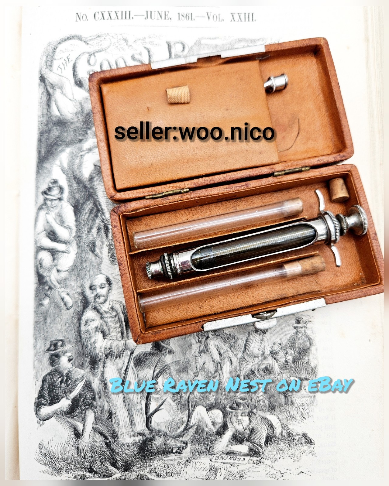 Antique Medical Surgical Glass Metal Syringe Hypodermic Leather Case Set  Needle