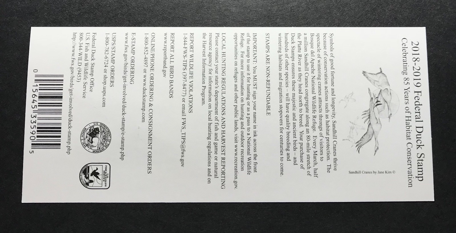 WTDstamps - #RW85A 2018 - 2019 - US Federal Duck Stamp - Post Office FRESH