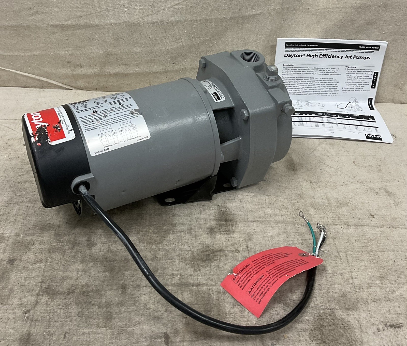 DAYTON 1D878 Shallow Well Jet Pump 1.5 HP 1 Phase 20 gpm INCOMPLETE