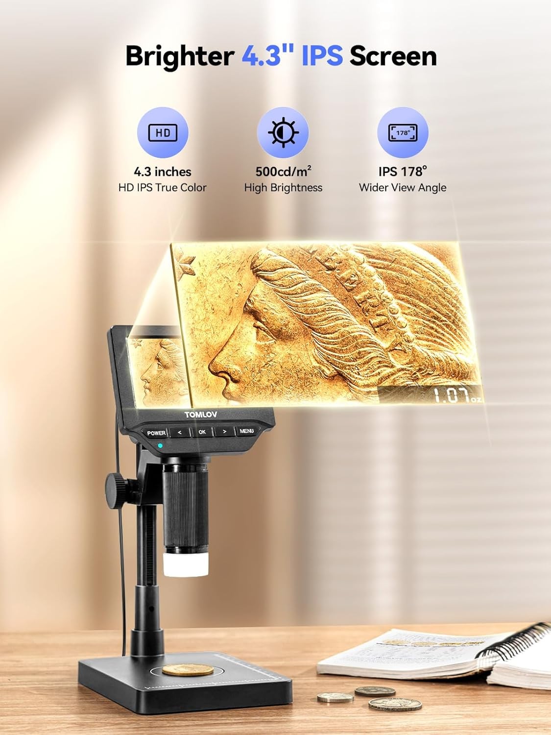 TOMLOV Digital Microscope Coin Microscope 4.3" LCD with Weighing Scale g /oz /ct