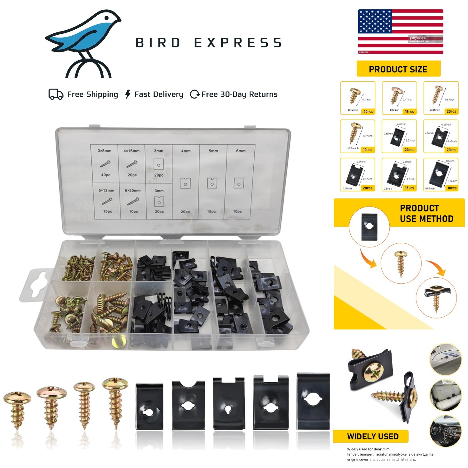 170 Pcs Car Screw Assortment Kit with Metal U Clips for Vehicle Interior and ...