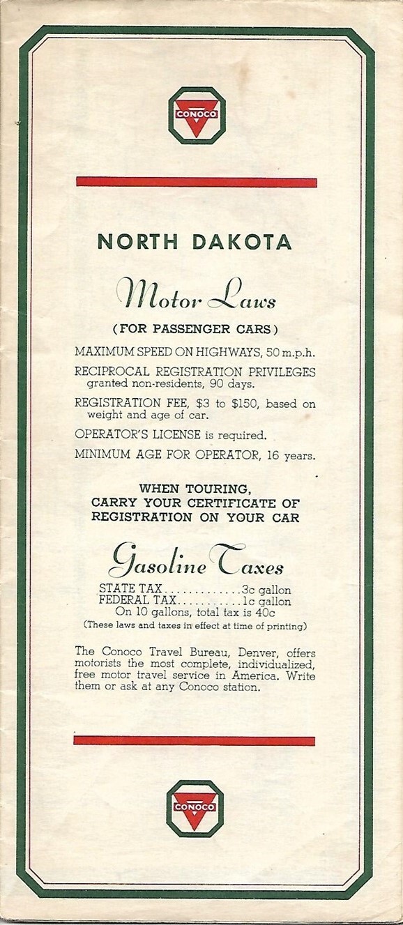 1936 CONOCO OIL Road Map NORTH DAKOTA Minot Fargo Bismarck Jamestown Devils Lake